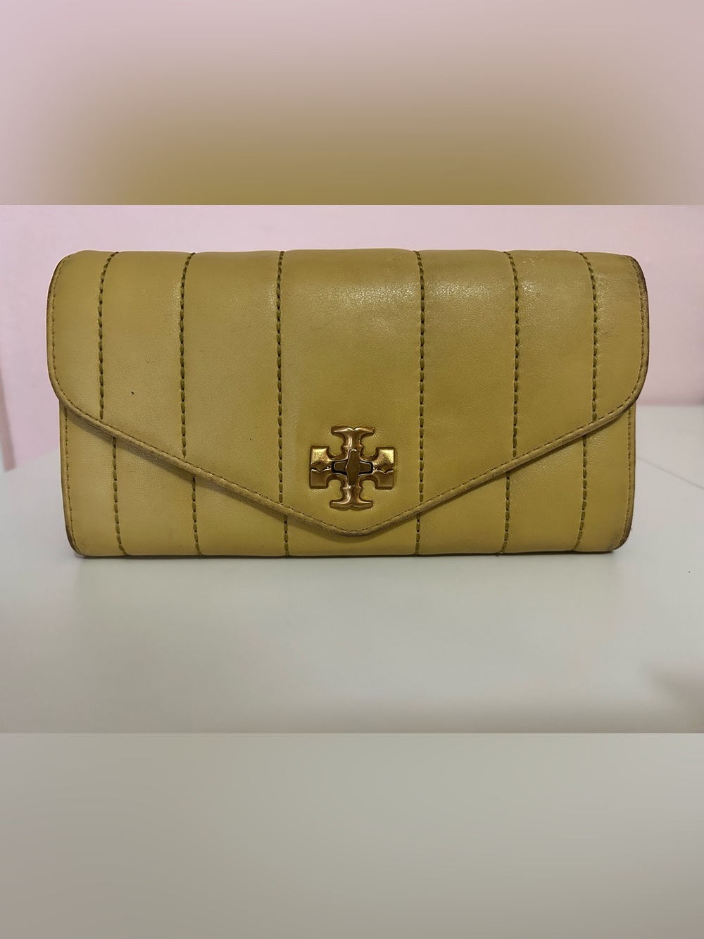 Tory Burch Kira Quilted Envelope Wallet - Mustard Yellow Leather - Picture 1 of 11